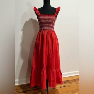 Moodie Red Ruffled Midi Dress with Smocked bodice